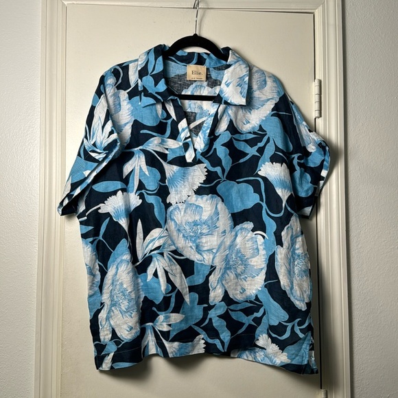 Blue Tropical 100% Linen Resort wear Split Neck Collared Short Sleeve Blouse - Picture 1 of 6